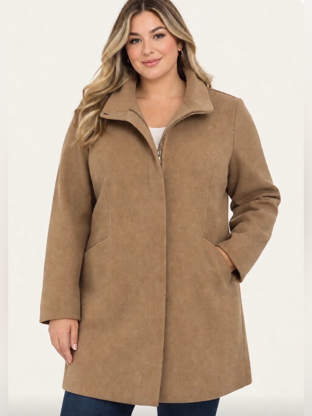 NWOT Nine West Tan Faux Wool Coat - Classic Zip Front